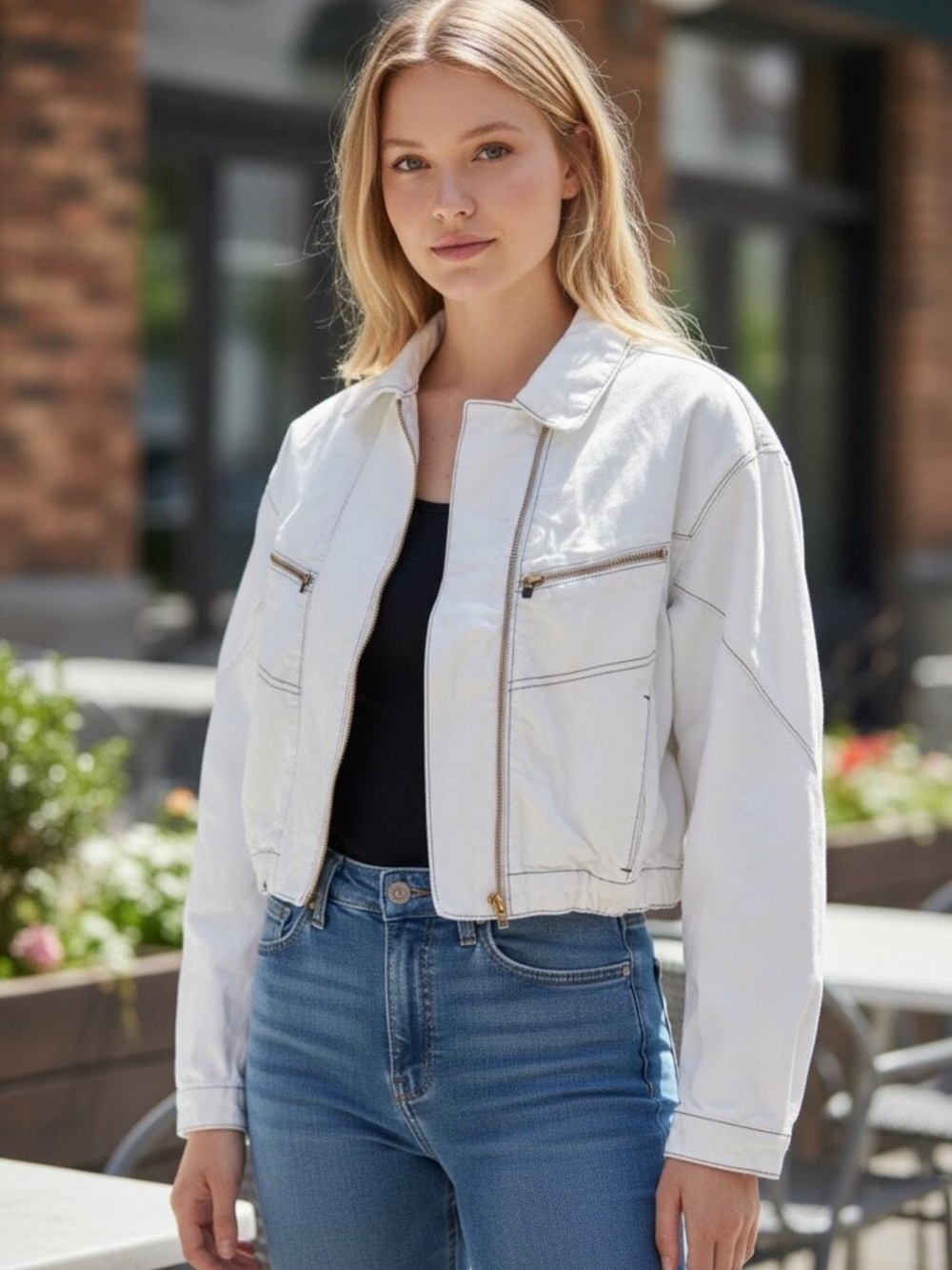 We The Free Pilcro Cropped Bomber Jacket White Asymmetrical Zip Sz L NEW